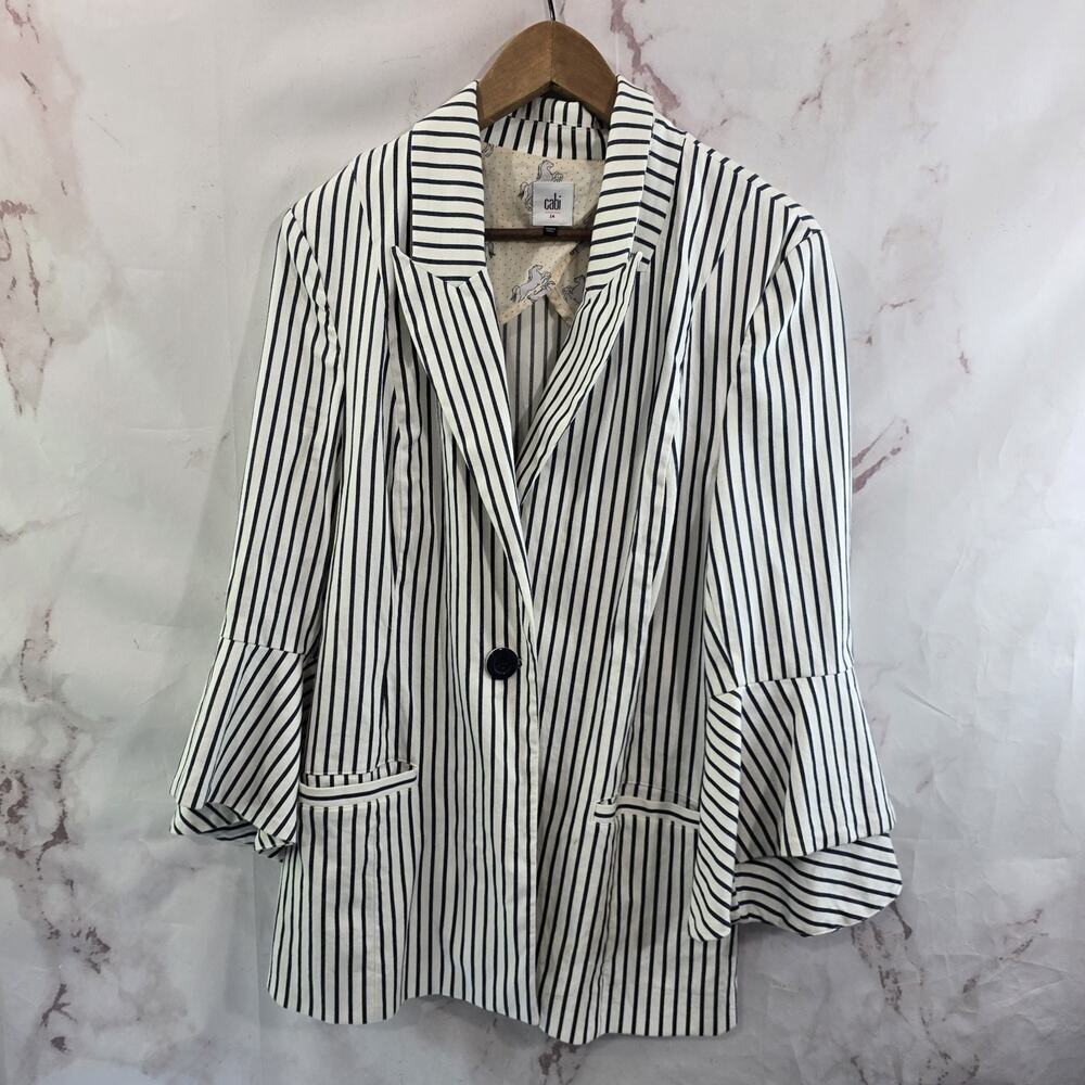 Cabi Blazer Womens 14 Large White Jacket Ticking Stripe Bell Sleeve Flared 5295